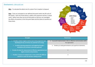 110
Strengths Weaknesses
 Provides a better insight of all the costs in the programme and
identifying the key cost drivers for potential cost savings.
 Successful implementation relies on effective communication within
the organisation.
 A realistic planning programme and budgeting through a
methodical and consistent estimating approach.
 Tendency to make generalisations and superficial statements.
 Provides the basis for measurement of effective organisational and
logistic scenarios and provisions.

 Provides a measure to evaluate two or more technically different
solutions to assist the decision making process.

Development – Life Cycle Cost
Why – To calculate the whole cost of a system from inception to disposal.
How – Costs are calculated at user defined time points within the life cycle of
the system. Each set of time points is called a time sequence and has a unique
name. Define more than one set of time points so that you can investigate
the effects of variations in the time point dates and the values of variations at
those times.
 