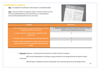 121
Strengths Weaknesses
 Lays a good foundation of research and analysis on which a
comprehensive PDS can be formed.
 Requires a significant amount of research and time in order to
compile a very comprehensive document.
 Covers a large area of information, irrespective of the
product area.

 Delineates all the areas necessary for professional practice. 
 Remains relevant throughout the design process and can be
used to narrow the focus at appropriate times during the
project.

Implementation – Design Brief
Why – To establish the market/user need situation in considerable depth.
How – Common practice is to produce a device or document which can vary
from the simplest statement of the requirement, to a comprehensive
document that aptly describes the true user needs.
 Resources: 1) post-its - to help brainstorm key points to include in the brief, computer
2) A circular seating position (if working in a group situation) to encourage discussion during the creation
of the brief
3) A wall space to display the outcome and provide a focus point during the rest of the design process
 