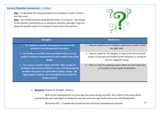 21
Strengths Weaknesses
 The method is valuable and powerful in terms of the
outcome it has the potential to produce.
 Requires expertise and intelligent application in order to find
the right ‘why’.
 Can produce corrective and preventative action as it can
produce enormous improvements to the smallest area of the
design.
 There is a want for the designer to stop at the first or second
answer as they become blinded by the symptoms or setting for
the first ‘apparent’ cause.
 Can create a situation where all of the ‘right’ people are
included in the process of sitting in a room and discussing the
possible root causes of a given defect within a design. (By
right people it means a mix of disciplines from across the
design process).
 There is a risk of accepting answers which are too simple due
to ‘kneejerk’ answers given to questions.
Current Situation Assessment – 5 Whys?
Why – To dig below the outward symptoms of a problem in order to find its
real root cause.
How – The method involves asking why five times in succession. The answer
to one question should lead you to asking the next why, although it may not
always be possible to get an immediate answer to the next question.
 Resources: 1) post-its, A3 paper, markers,
2) A circular seating position to encourage discussion during, and after, the creation of the visual ability
representation and a wall space to display the outcome and encourage further discussion and development
3) A group of 6 – 12 people will provide the best and most comprehensive outcome
 