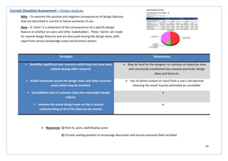 24
Strengths Weaknesses
 Identifies significant user concerns which may not have been
evident during other research.
 May be hard for the designer to maintain an objective view
with previously established bias towards particular design
ideas and features.
 Builds teamwork across the design team and other business
areas which may be involved.
 Has no direct contact or input from a user’s perspective
meaning the result may be estimated an unreliable.
 Consolidates lots of customer data into meaningful design
criteria.

 Involves the entire design team so that a mutual
understanding of all of the data can be shared.

Current Situation Assessment – Claims Analysis
Why – To examine the positive and negative consequences of design features
that are described in current or future scenarios of use.
How – A ‘claim’ is a statement of the consequences of a specific design
feature or artefact on users and other stakeholders. These ‘claims’ are made
for several design features and are discussed among the design team, with
input from various knowledge areas and business sectors.
 Resources: 1) Post-its, pens, wall/display space
2) Circular seating position to encourage discussion and ensure everyone feels included
 