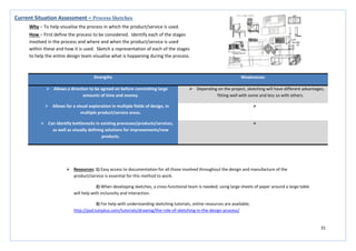 31
Strengths Weaknesses
 Allows a direction to be agreed on before committing large
amounts of time and money.
 Depending on the project, sketching will have different advantages,
fitting well with some and less so with others.
 Allows for a visual exploration in multiple fields of design, in
multiple product/service areas.

 Can identify bottlenecks in existing processes/products/services,
as well as visually defining solutions for improvements/new
products.

Current Situation Assessment – Process Sketches
Why – To help visualise the process in which the product/service is used.
How – First define the process to be considered. Identify each of the stages
involved in the process and where and when the product/service is used
within these and how it is used. Sketch a representation of each of the stages
to help the entire design team visualise what is happening during the process.
 Resources: 1) Easy access to documentation for all those involved throughout the design and manufacture of the
product/service is essential for this method to work.
2) When developing sketches, a cross-functional team is needed; using large sheets of paper around a large table
will help with inclusivity and interaction.
3) For help with understanding sketching tutorials, online resources are available;
http://psd.tutsplus.com/tutorials/drawing/the-role-of-sketching-in-the-design-process/
 
