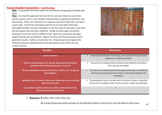 56
Strengths Weaknesses
 Simple procedure.  Analysing the dimensions that emerge across participants requires some
background in qualitative analysis.
 Useful for understanding ‘user-derived’ dimensions that should be
considered when evaluating a product or a service.
 The card sort can produce fairly consistent results between participants,
but it may also vary widely.
 This is an established technique that has been used for over 10 years by
many designers.
 The card sort is relatively quick but the analysis of the data can be difficult
and time consuming, particularly if there is inconsistency between the
participants.
 Typically the cost is a stack of index cards, sticky notes, a pen or printing
labels and some time.
 The participants may not consider what the content is about, or how they
would use it to complete a task, and focus only on ‘surface’ characteristics.
 It is possible to perform several sorts within a short period of time,
generating a large amount of data.

Future Situation Assessment – Card Sorting
Why – To generate information about the associations and grouping of specific data
items.
How – You must first generate the items for the card sort, these can come from
various sources, such as; user research, brainstorming, competitive evaluations, and
task analysis. Write each statement on a separate card and number each card with a
unique code. Provide the participants with the set of cards which have been
thoroughly shuffled. Ask each participant to sort the cards into two piles, name each
pile and explain how each pile is different. Shuffle the items again and ask the
participant to sort the cards in a different way. Name the new groups and again
explain how the piles are different. Repeat 5-6 times until the participants cannot
generate new piles. Gather sort data from 10 – 20 participants and organise the
dimensions that you obtained from all the participants to see if there are any
common themes.
 Resources: 1) Index cards, sticky notes, pen
2) A large display area where groups can be displayed easily for everyone to see and allow for discussion.
 