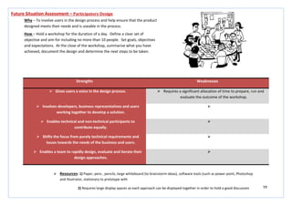 59
Strengths Weaknesses
 Gives users a voice in the design process.  Requires a significant allocation of time to prepare, run and
evaluate the outcome of the workshop.
 Involves developers, business representatives and users
working together to develop a solution.

 Enables technical and non-technical participants to
contribute equally.

 Shifts the focus from purely technical requirements and
issues towards the needs of the business and users.

 Enables a team to rapidly design, evaluate and iterate their
design approaches.

Future Situation Assessment – Participatory Design
Why – To involve users in the design process and help ensure that the product
designed meets their needs and is useable in the process.
How – Hold a workshop for the duration of a day. Define a clear set of
objective and aim for including no more than 10 people. Set goals, objectives
and expectations. At the close of the workshop, summarise what you have
achieved, document the design and determine the next steps to be taken.
 Resources: 1) Paper, pens , pencils, large whiteboard (to brainstorm ideas), software tools (such as power point, Photoshop
and Illustrator, stationary to prototype with
2) Requires large display spaces so each approach can be displayed together in order to hold a good discussion
 