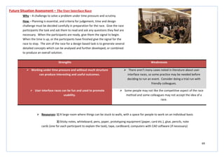 69
Strengths Weaknesses
 Working under time pressure and without much structure
can produce interesting and useful outcomes.
 There aren’t many cases noted in literature about user
interface races, so some practice may be needed before
deciding to run an event. Consider doing a trial run with
friendly colleagues.
 User interface races can be fun and used to promote
usability.
 Some people may not like the competitive aspect of the race
method and some colleagues may not accept the idea of a
race.
Future Situation Assessment – The User Interface Race
Why – A challenge to solve a problem under time pressure and scrutiny.
How – Planning is essential, and criteria for judgement, time and design
challenge must be decided carefully in preparation for the race. Give the race
participants the task and ask them to read and ask any questions they feel are
necessary. When the participants are ready, give them the signal to begin.
When the time is up, or the participants have finished give the signal for the
race to stop. The aim of the race for a design based task is to generate several
detailed concepts which can be analysed and further developed, or combined
to produce an overall solution.
 Resources: 1) A large room where things can be stuck to walls, with a space for people to work on an individual basis
2) Sticky notes, whiteboard, pens, paper, prototyping equipment (paper, card etc.), glue, pencils, note
cards (one for each participant to explain the task), tape, cardboard, computers with CAD software (if necessary)
 