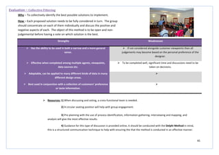 81
Strengths Weaknesses
 Has the ability to be used in both a narrow and a more general
sense.
 If not considered alongside customer viewpoints then all
judgements may become based on the personal preference of the
designer.
 Effective when completed among multiple agents, viewpoints,
data sources etc.
 To be completed well, significant time and discussions need to be
taken on decisions.
 Adaptable, can be applied to many different kinds of data in many
different design areas.

 Best used in conjunction with a collection of customers’ preference
or taste information.

Evaluation – Collective Filtering
Why – To collectively identify the best possible solutions to implement.
How – Each proposed solution needs to be fully considered in turn. The group
should concentrate on each of them individually and discuss the positive and
negative aspects of each. The object of this method is to be open and non-
judgemental before having a vote on which solution is the best.
 Resources: 1) When discussing and voting, a cross-functional team is needed.
2) A circular seating position will help with group engagement.
3) Pre-planning with the use of process identification, information gathering, interviewing and mapping, and
analysis will give the most effective results.
4) Guidance for this type of discussion is provided online, it should be conducted with the Delphi Method in mind,
this is a structured communication technique to help with ensuring the that the method is conducted in an effective manner.
 