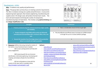 94
Strengths Weaknesses
 Products produced using this method should have higher quality
and reliability.
 Takes a considerable amount of time to get right.
 Products designed using DFMA will be easily and efficiently
manufactured and assembled with a minimum effort, time, and
cost.
 The only effective and efficient way of carrying out a DFMA analysis
is through the use of a trusted software package.
 Ensures the transition from the design phase to the production
phase is as smooth and rapid as possible.

Development – DFMA
Why – To balance cost, quality and performance.
How – The group take a primary focus on meeting customer requirements.
The idea is to balance among cost, quality and performance. A concurrent
engineering team approach, that involves engineering, manufacturing and
supplies early in the design cycle, will produce the best team results. The
team will work towards minimizing the number of components,
manufacturing steps and operations. This involves using optimal thinking and
the design simplification rules.
 Resources: 1) When discussing, during the creation of
the matrix, a cross-functional team is needed.
2) A circular seating position will help with
group engagement.
3) Pre-planning with the use of process
identification, information gathering, interviewing and
mapping, and analysis will give the most effective
results.
4) Tools and guidance to help with the
creation of this type matrix is available online;
http://smaplab.ri.uah.edu/ipd/2_1.pdf
Software
- www.dfma.net
- www.reliasoft.com/xfmea/features1.htm
- www.dfma.com/software/index.html
- www.discussoftware.com/solutions/prod
uctibility_analysis.html?gclid=CNConOrBy
LECFY2bfAodFQ4A2Q
- http://torrentz.eu/df/dfma+software-q
- www.dl4all.com/oot/tag/Boothroyd+DFM
A+Software.html
- www.ecodesign.at/methodik/software/in
dex.en.html
- www.soflist.net/search/dfma-software/
- www.rocketdownload.com/query.php?q
=dfma+software+cost
- http://shareme.com/programs/boothroy
d/dewhurst-dfma-software
 