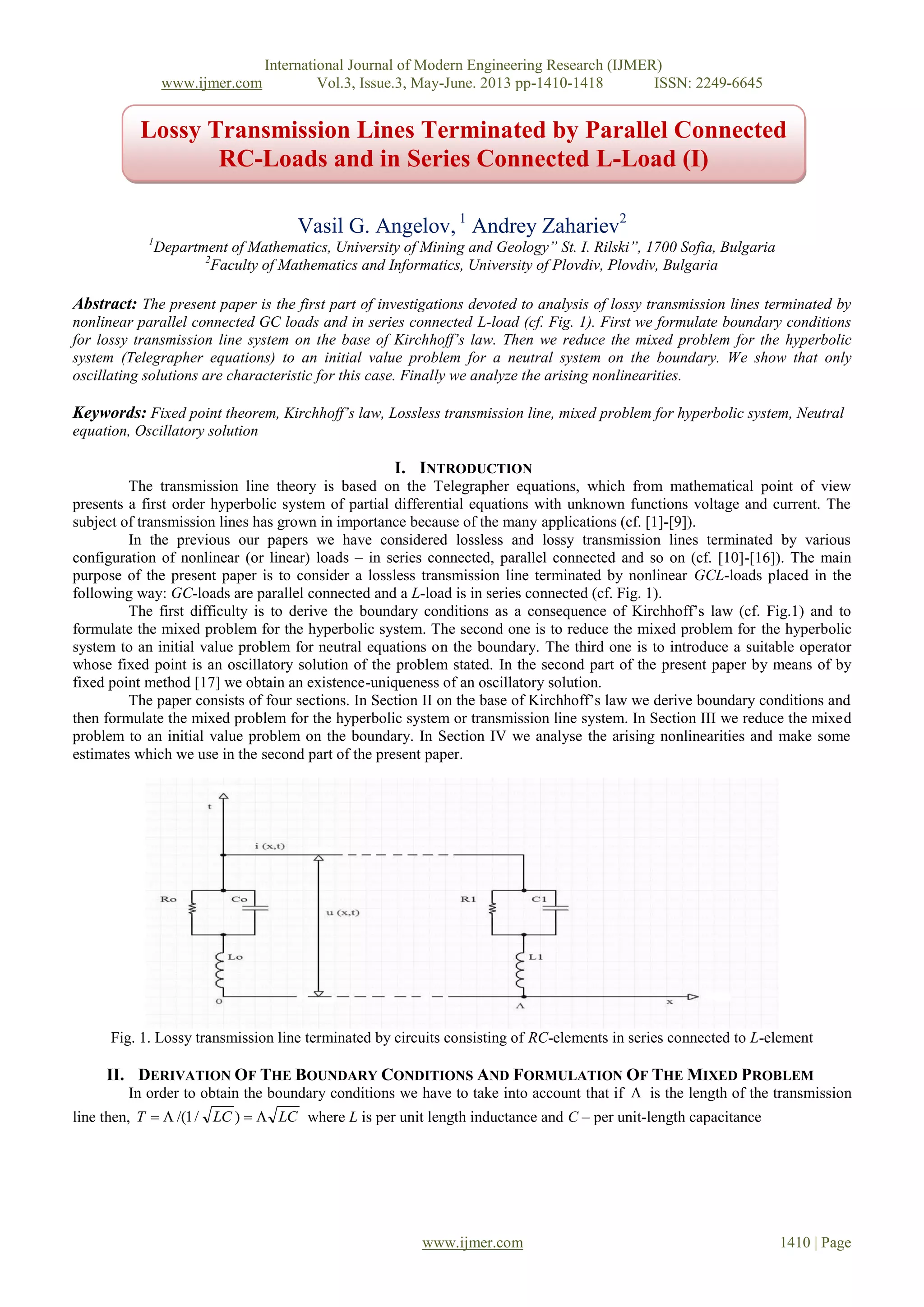 Lossy Transmission Lines Terminated by Parallel Connected RC-Loads