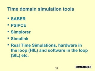10
Time domain simulation tools
 SABER
 PSIPCE
 Simplorer
 Simulink
 Real Time Simulations, hardware in
the loop (HIL) and software in the loop
(SIL) etc.
 