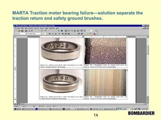 14
MARTA Traction motor bearing failure—solution separate the
traction return and safety ground brushes.
 