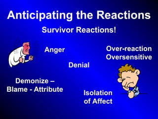 Survivor Reactions!
Anger
Denial
Isolation
of Affect
Over-reaction
Oversensitive
Demonize –
Blame - Attribute
Anticipating the Reactions
 