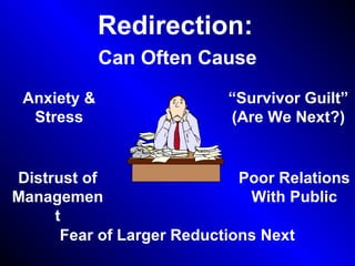 Redirection:
Can Often Cause
Poor Relations
With Public
Anxiety &
Stress
“Survivor Guilt”
(Are We Next?)
Distrust of
Managemen
t
Fear of Larger Reductions Next
 