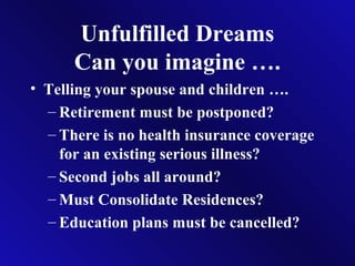 Unfulfilled Dreams
Can you imagine ….
• Telling your spouse and children ….
– Retirement must be postponed?
– There is no health insurance coverage
for an existing serious illness?
– Second jobs all around?
– Must Consolidate Residences?
– Education plans must be cancelled?
 