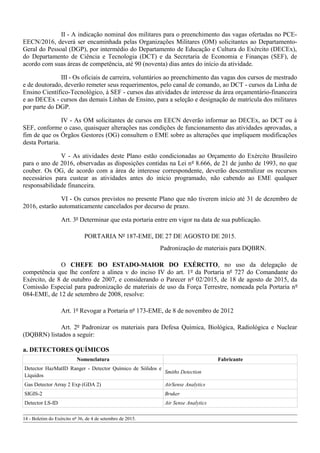 II - A indicação nominal dos militares para o preenchimento das vagas ofertadas no PCE-
EECN/2016, deverá ser encaminhada pelas Organizações Militares (OM) solicitantes ao Departamento-
Geral do Pessoal (DGP), por intermédio do Departamento de Educação e Cultura do Exército (DECEx),
do Departamento de Ciência e Tecnologia (DCT) e da Secretaria de Economia e Finanças (SEF), de
acordo com suas áreas de competência, até 90 (noventa) dias antes do início da atividade.
III - Os oficiais de carreira, voluntários ao preenchimento das vagas dos cursos de mestrado
e de doutorado, deverão remeter seus requerimentos, pelo canal de comando, ao DCT - cursos da Linha de
Ensino Científico-Tecnológico, à SEF - cursos das atividades de interesse da área orçamentário-financeira
e ao DECEx - cursos das demais Linhas de Ensino, para a seleção e designação de matrícula dos militares
por parte do DGP.
IV - As OM solicitantes de cursos em EECN deverão informar ao DECEx, ao DCT ou à
SEF, conforme o caso, quaisquer alterações nas condições de funcionamento das atividades aprovadas, a
fim de que os Órgãos Gestores (OG) consultem o EME sobre as alterações que impliquem modificações
desta Portaria.
V - As atividades deste Plano estão condicionadas ao Orçamento do Exército Brasileiro
para o ano de 2016, observadas as disposições contidas na Lei nº 8.666, de 21 de junho de 1993, no que
couber. Os OG, de acordo com a área de interesse correspondente, deverão descentralizar os recursos
necessários para custear as atividades antes do início programado, não cabendo ao EME qualquer
responsabilidade financeira.
VI - Os cursos previstos no presente Plano que não tiverem início até 31 de dezembro de
2016, estarão automaticamente cancelados por decurso de prazo.
Art. 3º Determinar que esta portaria entre em vigor na data de sua publicação.
PORTARIA Nº 187-EME, DE 27 DE AGOSTO DE 2015.
Padronização de materiais para DQBRN.
O CHEFE DO ESTADO-MAIOR DO EXÉRCITO, no uso da delegação de
competência que lhe confere a alínea v do inciso IV do art. 1º da Portaria nº 727 do Comandante do
Exército, de 8 de outubro de 2007, e considerando o Parecer nº 02/2015, de 18 de agosto de 2015, da
Comissão Especial para padronização de materiais de uso da Força Terrestre, nomeada pela Portaria nº
084-EME, de 12 de setembro de 2008, resolve:
Art. 1º Revogar a Portaria nº 173-EME, de 8 de novembro de 2012
Art. 2º Padronizar os materiais para Defesa Química, Biológica, Radiológica e Nuclear
(DQBRN) listados a seguir:
a. DETECTORES QUÍMICOS
Nomenclatura Fabricante
Detector HazMatID Ranger - Detector Químico de Sólidos e
Líquidos
Smiths Detection
Gas Detector Array 2 Exp (GDA 2) AirSense Analytics
SIGIS-2 Bruker
Detector LS-ID Air Sense Analytics
14 - Boletim do Exército nº 36, de 4 de setembro de 2015.
 