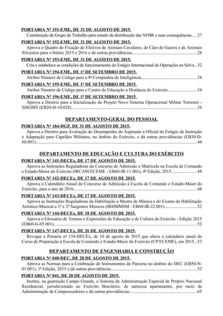 PORTARIA Nº 191-EME, DE 31 DE AGOSTO DE 2015.
Constituição de Grupo de Trabalho para estudo da distribuição das NFBR e suas consequências.....27
PORTARIA Nº 192-EME, DE 31 DE AGOSTO DE 2015.
Aprova o Quadro de Fixação de Efetivos de Animais Cavalares, de Cães de Guerra e de Animais
Silvestres para o biênio 2015 e 2016 e dá outras providências..........................................................28
PORTARIA Nº 193-EME, DE 31 DE AGOSTO DE 2015.
Cria e estabelece as condições de funcionamento do Estágio Internacional de Operações na Selva...32
PORTARIA Nº 194-EME, DE 1º DE SETEMBRO DE 2015.
Atribui Número de Código para a 8ª Companhia de Inteligência..................................................34
PORTARIA Nº 195-EME, DE 1º DE SETEMBRO DE 2015.
Atribui Número de Código para o Centro de Educação a Distância do Exército..........................34
PORTARIA Nº 196-EME, DE 1º DE SETEMBRO DE 2015.
Aprova a Diretriz para a Inicialização do Projeto Novo Sistema Operacional Militar Terrestre -
SISOMT (EB20-D-10.028)................................................................................................................34
DEPARTAMENTO-GERAL DO PESSOAL
PORTARIA Nº 184-DGP, DE 31 DE AGOSTO DE 2015.
Aprova a Diretriz para Avaliação do Desempenho do Aspirante a Oficial do Estágio de Instrução
e Adaptação para Capelães Militares, no âmbito do Exército, e dá outras providências (EB30-D-
60.001)...............................................................................................................................................44
DEPARTAMENTO DE EDUCAÇÃO E CULTURA DO EXÉRCITO
PORTARIA Nº 141-DECEx, DE 17 DE AGOSTO DE 2015.
Aprova as Instruções Reguladoras do Concurso de Admissão e Matrícula na Escola de Comando
e Estado-Maior do Exército (IRCAM/ECEME - EB60-IR-11.001), 4ª Edição, 2015.......................48
PORTARIA Nº 142-DECEx, DE 17 DE AGOSTO DE 2015.
Aprova o Calendário Anual do Concurso de Admissão à Escola de Comando e Estado-Maior do
Exército, para o ano de 2016..............................................................................................................48
PORTARIA Nº 143-DECEx, DE 17 DE AGOSTO DE 2015.
Aprova as Instruções Reguladoras da Habilitação a Mestre de Música e do Exame de Habilitação
Artístico-Musical a 1º e 2º Sargentos Músicos (IRHMMSM - EB60-IR-22.001).............................52
PORTARIA Nº 144-DECEx, DE 18 DE AGOSTO DE 2015.
Aprova o Glossário de Termos e Expressões de Educação e de Cultura do Exército - Edição 2015
(EB60-G-05.001)...............................................................................................................................52
PORTARIA Nº 147-DECEx, DE 26 DE AGOSTO DE 2015.
Revogar a Portaria nº 134-DECEx, de 10 de agosto de 2015 que altera o calendário anual do
Curso de Preparação à Escola de Comando e Estado-Maior do Exército (CP/ECEME), em 2015...53
DEPARTAMENTO DE ENGENHARIA E CONSTRUÇÃO
PORTARIA Nº 040-DEC, DE 28 DE AGOSTO DE 2015.
Aprova as Normas para a Celebração de Instrumentos de Parceria no âmbito do DEC (EB50-N-
01.001), 1ª Edição, 2015 e dá outras providências............................................................................53
PORTARIA Nº 041, DE 28 DE AGOSTO DE 2015.
Institui, na guarnição Campo Grande, o Sistema de Administração Especial de Próprio Nacional
Residencial, jurisdicionado ao Exército Brasileiro, de natureza apartamento, por meio de
Administração de Compossuidores e dá outras providências............................................................65
 