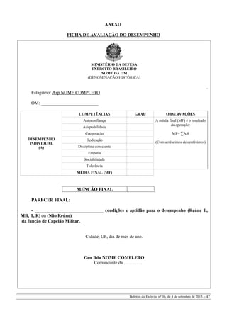 ANEXO
FICHA DE AVALIAÇÃO DO DESEMPENHO
Boletim do Exército nº 36, de 4 de setembro de 2015. - 47
MINISTÉRIO DA DEFESA
EXÉRCITO BRASILEIRO
NOME DA OM
(DENOMINAÇÃO HISTÓRICA)
.
Estagiário: Asp NOME COMPLETO
OM: _________________________
DESEMPENHO
INDIVIDUAL
(A)
COMPETÊNCIAS GRAU OBSERVAÇÕES
Autoconfiança A média final (MF) é o resultado
da operação:
MF= ∑A/8
(Com acréscimos de centésimos)
Adaptabilidade
Cooperação
Dedicação
Disciplina consciente
Empatia
Sociabilidade
Tolerância
MÉDIA FINAL (MF)
MENÇÃO FINAL
PARECER FINAL:
- ______________________________ condições e aptidão para o desempenho (Reúne E,
MB, B, R) ou (Não Reúne)
da função de Capelão Militar.
Cidade, UF, dia de mês de ano.
Gen Bda NOME COMPLETO
Comandante da ................
 