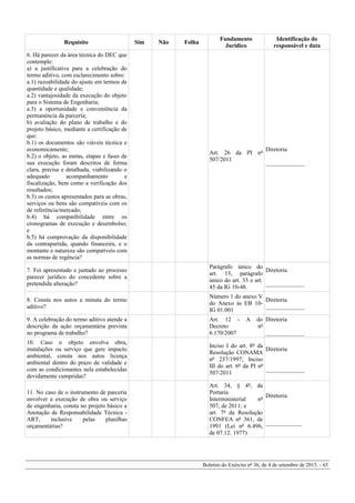 Requisito Sim Não Folha
Fundamento
Jurídico
Identificação do
responsável e data
6. Há parecer da área técnica do DEC que
contemple:
a) a justificativa para a celebração do
termo aditivo, com esclarecimento sobre:
a.1) razoabilidade do ajuste em termos de
quantidade e qualidade;
a.2) vantajosidade da execução do objeto
para o Sistema de Engenharia;
a.3) a oportunidade e conveniência da
permanência da parceria;
b) avaliação do plano de trabalho e do
projeto básico, mediante a certificação de
que:
b.1) os documentos são viáveis técnica e
economicamente;
b.2) o objeto, as metas, etapas e fases de
sua execução foram descritos de forma
clara, precisa e detalhada, viabilizando o
adequado acompanhamento e
fiscalização, bem como a verificação dos
resultados;
b.3) os custos apresentados para as obras,
serviços ou bens são compatíveis com os
de referência/mercado;
b.4) há compatibilidade entre os
cronogramas de execução e desembolso;
e
b.5) há comprovação da disponibilidade
da contrapartida, quando financeira, e o
montante e natureza são compatíveis com
as normas de regência?
Art. 26 da PI nº
507/2011
Diretoria
_____________
7. Foi apresentado e juntado ao processo
parecer jurídico do concedente sobre a
pretendida alteração?
Parágrafo único do
art. 15, parágrafo
único do art. 33 e art.
45 da IG 10-48.
Diretoria
_____________
8. Consta nos autos a minuta do termo
aditivo?
Número 1 do anexo V
do Anexo às EB 10-
IG 01.001
Diretoria
_____________
9. A celebração do termo aditivo atende a
descrição da ação orçamentária prevista
no programa de trabalho?
Art. 12 - A do
Decreto nº
6.170/2007
Diretoria
_____________
10. Caso o objeto envolva obra,
instalações ou serviço que gere impacto
ambiental, consta nos autos licença
ambiental dentro do prazo de validade e
com as condicionantes nela estabelecidas
devidamente cumpridas?
Inciso I do art. 8º da
Resolução CONAMA
nº 237/1997; Inciso
III do art. 6º da PI nº
507/2011
Diretoria
_____________
11. No caso de o instrumento de parceria
envolver a execução de obra ou serviço
de engenharia, consta no projeto básico a
Anotação de Responsabilidade Técnica -
ART, inclusive pelas planilhas
orçamentárias?
Art. 34, § 4º, da
Portaria
Interministerial nº
507, de 2011; e
art. 7º da Resolução
CONFEA nº 361, de
1991 (Lei nº 6.496,
de 07.12. 1977)
Diretoria
____________
Boletim do Exército nº 36, de 4 de setembro de 2015. - 65
 