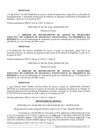 DISPENSAR
o 2º Sgt DARCY ALVES FERREIRA de exercer a função de Especialista, código GR II, na Secretaria de
Acompanhamento e Articulação Institucional do Gabinete de Segurança Institucional da Presidência da
República, a partir de 31 de agosto de 2015.
(Portaria publicada no DOU nº 168, de 2 SET 15- Seção 2)
PORTARIA Nº 256, DE 28 DE AGOSTO DE 2015.
Dispensa de função.
O DIRETOR DO DEPARTAMENTO DE GESTÃO DA SECRETÁRIA
EXECUTIVA DO GABINETE DE SEGURANÇA INSTITUCIONAL DA PRESIDÊNCIA DA
REPÚBLICA, no uso da subdelegação de competência que lhe foi conferida pelo art. 1º da Portaria nº 9-
GSI/PR/CH, de 13 de fevereiro de 2009, resolve
DISPENSAR
o Cb RONALDO DE SOUZA ALMEIDA de exercer a função de Especialista, código GR II, na
Secretaria Executiva do Gabinete de Segurança Institucional da Presidência da República, a partir de 31
de agosto de 2015.
(Portaria publicada no DOU nº 166, de 31 AGO 15 - Seção 2)
PORTARIA Nº 260, DE 28 DE AGOSTO DE 2015.
Dispensa de função.
O DIRETOR DO DEPARTAMENTO DE GESTÃO DA SECRETÁRIA
EXECUTIVA DO GABINETE DE SEGURANÇA INSTITUCIONAL DA PRESIDÊNCIA DA
REPÚBLICA, no uso da subdelegação de competência que lhe foi conferida pelo art. 1º da Portaria nº 9-
GSI/PR/CH, de 13 de fevereiro de 2009, resolve
DISPENSAR
o Cap CARLOS JOSÉ VIEIRA CAVALCANTE de exercer a função de ASSISTENTE TÉCNICO
MILITAR na Coordenação-Geral de Logística da Secretaria de Segurança Presidencial do Gabinete de
Segurança Institucional da Presidência da República, excluindo-o do grupo "E" da tabela anexa à Portaria
nº 16-CH/CM, de 30 novembro de 1998, a partir de 31 de agosto de 2015.
(Portaria publicada no DOU nº 166, de 31 AGO 15 - Seção 2)
MINISTÉRIO DA DEFESA
PORTARIA Nº 1.642-SG/MD, DE 28 DE JULHO DE 2015 - RETIFICAÇÃO.
Designação para compor delegação brasileira esportiva nos 6º Jogos Mundiais Militares.
Na Portaria nº 1.642-SG/MD, de 28 de julho de 2015, publicada no Diário Oficial da União
nº 143, de 29 de julho de 2015, Seção 2, páginas 8 a 10, onde se lê: 3º Sgt (MB) CAROLINA DE LIMA
FURRIELA PEREIRA, leia-se: 3º Sgt (MB) CAROLINA FURRIELA VILAS BOAS, onde se lê: 3º Sgt
(EB) ANA CRISTINA VILENA PORTO, leia-se: 3º Sgt (EB) ANA CRISTINA VILELA PORTO.
(Portaria publicada no DOU nº 167, de 1º SET 15- Seção 2)
Boletim do Exército nº 36, de 4 de setembro de 2015. - 77
 