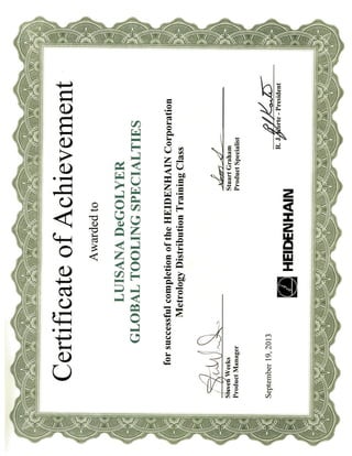 Heidenhain Metrology Certificate 2013 Global Tooling Specialties Inc