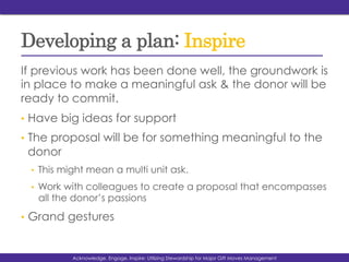 Developing a plan: Inspire
If previous work has been done well, the groundwork is
in place to make a meaningful ask & the donor will be
ready to commit.
•  Have big ideas for support
•  The proposal will be for something meaningful to the
donor
•  This might mean a multi unit ask.
•  Work with colleagues to create a proposal that encompasses
all the donor’s passions
•  Grand gestures
Acknowledge, Engage, Inspire: Utilizing Stewardship for Major Gift Moves Management
 
