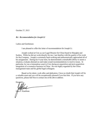 Recommendation Letter from Coty General Counsel