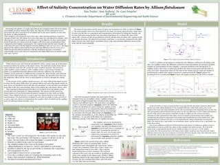 Effect of Salinity Concentration on Water Diffusion Rates by Allium fistulosum
Ean Tucker1
, Sam Holberg1
, Dr. Caye Drapcho1
BE 4120
1. Clemson University Department of Environmental Engineering and Earth Science
Abstract Results Model
Introduction
Materials and Methods
Materials
● Tap water
● Table salt
● Food coloring
● Beaker (3)
● LED grow light
● Allium ﬁstulosum (3)
● Scale
● Paraﬁlm
Methods
1. The water vessels are ﬁrst prepared. One beaker will contain no salt, only
tap water. The next beaker will contain a 1.5 grams of salt per 150 mL of
water. The last beaker will contain the higher 3.0 grams of salt.
2. Food dye is added to the water in each beaker.
3. The original weight of the water in the beaker is recorded.
4. Allium ﬁstulosum is cut down to 3 inches, and added to each beaker
5. Paraﬁlm is added to the top of each beaker to minimize the evaporation
and transpiration of water
6. A grow light is turned on for 24 hour light.
7. Every day a reading is taken by weighing the remaining water in the
beaker, and separately weighing the Allium ﬁstulosum
8. The data is recorded and analyzed in Excel
At the end of the 120 hour research period, it was clear that the salt solute negatively affected the
growth rate of the Allium ﬁstulosum. It was concluded that the weight of the onions grew as the
weight of the water decreased regardless of the salt concentration in the beginning of the period. The
salt concentration affected the growth rate shown by the vast differences in the weights and length of
growth of the onions. Researchers credit this varying in weights over the research period to
asbrotion of water and growth of the onion. Errors in regards to the lowering water weight were
considered in the form of evaporation in the beaker and transpiration out of the plants stem. After
graphing all three of the growth curves, it was found that the onion in freshwater was in growth
phase, the onion in the 10 ppt beaker was in stationary phase, and the onion in the 20 ppt beaker was
in the decay phase.
Due to mass diffusion coefficient (DAB) being time dependence in relation to capillary action, a
stella model was used to predict the values as they changed with respect to time. The DAB of the
onion in the 20 ppt solution had the lowest coefficient value of 0.00313 m2
/s. As the salinity
decreased, the DAB increased due to the plant’s better ability to pull up water from the soil. Higher
diffusion rates across the root membrane were found with lower density water. The DAB of the onion
in freshwater with no salt concentration was found to be 0.0101 m2
/s.
Conclusion
Acknowledgements: We would like to thank Dr. Caye Drapcho and the Clemson University
Department of Environmental Engineering and Earth Sciences for making this project possible
References
Figure 1: Experimental Design
Figure 3 shows the growth of the three Allium
ﬁstulosum after 6 days of constant light. Onion 1
continued to grow throughout the experiment. Onion 2
(10 ppt), hit a stationary phase after 4 days. Onion 3 (20
ppt) stopped growing in mass after 3 days, and has
begun losing mass as time continues. The red food
coloring in the water was successful in visualizing some
of the water uptake by the plants roots. All three Allium
ﬁstulosum started at the same length of plant and length
of roots. We can conclude that Onion 1 grew the most
over the time interval recorded.
A STELLA model was developed to predict how the diffusion coefficient will change with
time. For capillary action, the diffusion coefficient is time dependent; the pressure gradient
changes as concentration of water changes. A pressure gradient is the driving force in
capillary action. The STELLA model also predicts the mass of each onion and the mass of
water over time. Theoretical values for the mass of the onions and the water are produced,
predicting the weight if the onions experience continuous growth. Figure 4 shows the
developed STELLA model and Figure 5 shows the graphs produced by the STELLA model.
Figure 4: STELLA Model Developed for Predicting Diffusion Coefficient
Figure 5: Graphs for Theoretical Mass of Onion and Water and Theoretical Diffusion Coefficient
Plants absorb water and nutrients through the xylem: a tissue made up of thin tubes
located just below the surface of the plant’s stems. The molecules in this tissue attract
water molecules from the soil, so that the water is pulled upwards. This process is
called capillary action (Ludanov, 2018). Capillary action, a type of mass transfer, in
plants is accomplished through adhesion and cohesion. Adhesion, the attractive
tendency of one molecule to a different type of molecule, allows for the water from the
roots to stick to the organic tissue in the plant. Cohesion, the attractive force between
like molecules, allows for the water to stick together as it moves through the organic
tissue.
As the density of the capillary liquid increases, the more difficult the liquid suction
becomes for the plant. While there are natural salts in soil water that plants require to
grow, there are harmful levels of soil salt concentrations. As the soil salt concentration
nears that of the root concentration, there is less pull by the root tissues (Boyer, 1985).
This experiment demonstrated the effects of varying levels of soil salinity on the
growth and water absorption by Allium ﬁstulosum. This species of bulb onion was
chosen based on its accelerated growth pattern compared to other easily accessible
plants. Three salinity levels of 0, 10 and 20 ppt were chosen based on real world soil
concentrations. The desired level of salinity in soil water is usually 6-8 ppt, so levels of
10 and 20 ppt were chosen to demonstrate the negative effect of salinity on the capillary
action of soil based plants (Steudle, 2001).
The mass of each onion and the mass of water was measured over time, as shown in Figure
2. The mass transfer rates were determined by the slope of a linear regression line. Some mass
of water was lost due to evaporation and transpiration, determined by taking the transfer rate
of water and onion mass transfer rate and subtracting them. By 120 hours, the mass of the
onion with 1.5 grams of salt was in stationary growth and the mass of onion with 3 grams of salt
was already decaying. The slope between hour 0 and hour 24 was drastic compared to the other
slopes between the other times, most likely due to a big concentration difference between the
water and the onion originally.
Figure 2: Experimental Data for Mass of Onion and Mass of Water over Time
For water transport in plants, the main mode of mass
transport is by use of capillary action. Capillary action is the
movement of liquid through thin cylindrical tubes using
cohesive and adhesive forces. The main driver of capillary
action is a pressure gradient. Equation 1 shows the diffusion
coefficient calculation for mass transfer by capillary action.
For our experiment, we estimated the theoretical diffusion
coefficient from experimental values, but we can rearrange
to determine the pressure differential. For Equation 1, K is
the absolute permeability, krl
is the relative permeability for
liquid ﬂow, v is viscosity of the liquid, ds is saturation
difference and dpc
is the difference in capillary pressure.
Equation 1: Diffusion Coefficient for Capillary
Action
Equation 2: Jurin’s Law
1. Boyer, J. S. (1985). Water transport. Annual Review of Plant Physiology, 36(1), 473–516. https://doi.org/10.1146/annurev.pp.36.060185.002353
2. Choudhary, M. K., Karki, K. C., & Patankar, S. V. (2004). Mathematical modeling of heat transfer, condensation, and capillary ﬂow in porous insulation on a cold pipe.
International Journal of Heat and Mass Transfer, 47(26), 5629–5638. https://doi.org/10.1016/j.ijheatmasstransfer.2004.07.016
3. Drapcho, C. 2019. Unpublished Laboratory Notes, BE 4101, Clemson University
4. Ludanov, K. I. (2018). Transpiration Mechanism of Capillary Transport the Xylem of Plants. Ukranian Journal of Physics, 59(8).
https://doi.org/https://doi.org/10.15407/ujpe59.08.0781
5. Steudle, E. (2001). Water uptake by plant roots: An integration of views. Recent Advances of Plant Root Structure and Function, 71–82.
https://doi.org/10.1007/978-94-017-2858-4_9
Equation 3: Modiﬁed Jurin’s
Law
The capillary rise can be measured by
using Jurin’s Law. Equation 2 shows Jurin’s
Law equation, but since the liquid is water,
Equation 3 can be used. For α, a constant 3.8
mm is used. Assuming the pressure is
steady-state, θ is zero. An average xylem
radius of 40 micrometers is used. It is
determined by Equation 3 that the capillary
rise at steady-state pressure is 95mm.
Figure 3: Final Growth of each Onion
1 2 3
Increasing soil salinity is a major agricultural and ecological issue that is becoming
increasingly prevalent around the world. The objective of this experiment was to
determine the effect varying levels of salinity had on the mass transfer of water into
the tissue of Allium ﬁstulosum.
Three beakers were prepared; each with water, food coloring and their respective
amount of table salt. The plants were cut to the same size and placed in a beaker. After
allowing the covered beakers to sit under a LED grow light for six days, much higher
levels of growth were observed in the beakers with lower salt concentrations when
compared to their higher counterparts. The control beaker had the most transfer of
water into the roots with the highest end mass diffusion value of 0.0101 m2
/s. The plant
placed in the saltiest water had the lowest end mass diffusion rate of 0.00313 m2
/s.
While the growth patterns held true with the predicted outcome, researchers
acknowledge error in the form of evaporation and slight differences in initial weight
and water content.
 