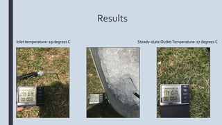 Results
Steady-state OutletTemperature: 17 degrees CInlet temperature: 19 degrees C
 