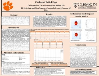 Cooling of Boiled Eggs
Catherine Gent, Carly Fitzmorris and Andrew LIn
BE 4120, Heat and Mass Transfer, Clemson University, Clemson, SC,
29634
Introduction
Materials and Methods
Mathematical modeling and
reactor design
Conclusions
References
Acknowledgements
Results
Abstract
This project investigates the rate of cooling of freshly hard boiled eggs with and
without the shell of the egg present on the outer surface during this process.
Newton’s Law of cooling, specifically the process of convection, was observed as
the boiled eggs returned to room temperature. The mode of convection investigated
in this experiment is natural convention. It was found that the eggs without the shell
cooled and returned to the ambient room temperature at a faster rate than the eggs
with the shell still on. It has been observed that the peeled eggs cool to room
temperature faster with a h value of 0.632 [W/cm^2K] and an overall amount of heat
transferred to be 1206.43 [J/s].
Eggs are a well balanced source of essential nutrients for the human diet and one
of the few products that are used throughout the world. The hard boiled, cooled and
peeled of eggs are often distributed to retail markets via food manufacturers (1). It is
important goal of cooling is to reduce the temperature of foods quickly to prevent
microorganism growth and to preserve food quality. This can be done via cool water
baths, fans or air cooling. There are three main components of an egg are the egg
shell, egg white and the yolk. The egg shell layer is a very thin layer and makes up
roughly 10% of the overall egg composition, therefore some consider the conduction
of heat transfer through the shell to be completely neglected (3).
Convection falls under Newton's Law of cooling and be described as the heat
transfer between surface and fluid at different temperatures, due to random
molecular motion in the fluid and bulk motion of the fluid and to bulk motion of the
fluid within boundary layer. There are two different type of convection: natural and
forced. Natural convection is caused by a difference in fluid density due to
temperature (2). For spherical shaped objects such as eggs, heat transfer is
occurring in a radial direction. As you move from the center of the sphere outwards
the area normal of the direction of heat transfer will increase.
To accomplish a rapid cooling the heat transfer coefficient (h) needs to be
increased. Throughout this experiment we measured the cooling of four hard boiled
eggs at room temperature. Two of these eggs had been peeled and two had not. We
compared the rate of cooling between these two groups, measuring the internal
temperature of the eggs through the process.
Materials:
❖ Six eggs
❖ Two 2000 mL beakers filled with 1100 mL of Water
❖ Hot plate
❖ Thermometer
❖ HOBO equipment
❖ Infrared thermometer
Methods
1) Weigh each egg individually and mark the eggs with a permanent marker
2) Measure the length and diameter of each egg in cm and record
a) Only four eggs are required for the duration of the experiment, using the recorded
measurement pick the four most similar in weight and diameter to use
3) Let 1100 mL of water boil or reach a temperature of 100 degrees celsius on a hot plate
4) Place all six eggs into the boiling water and leave them in their for 15 minutes and record
water temperature every 5 minutes
5) Remove the eggs and place them into a cold water bath at 20 degrees celsius for five
minutes and record the temperature after
6) Shell two of the four eggs
7) Insert the HOBO thermometer lengthwise into one shelled and one unshelled egg and
insert the thermometer widthwise through the other two eggs and record until they reach
a temperature similar to the air temperature
8) Simutantuelly record the infrared temperature of each egg every five minutes
The results display that increasing the layers on an object lower the show that as the layers
increase on an object, the heat transfer coefficient will decrease and in turn decrease the overall
amount of heat transferred (Table 3 and 4). This value then makes the heat harder to escape from
the center of the egg. This is visible in Table 2 where the eggs with the shells on took more time for
the surface of the egg to be comparable to the ambient air temperature. In Figure 1 it is also visible
that the eggs with shells remained at higher temperatures at the center for longer. This relationship
was modeled in COMSOL. Figures 2 and 3 show the thermal contour and graph for the peeled egg
while Figures 4 and 5 show the thermal contour and graph for the shelled egg. The graphs display a
parabolic relationship. In addition, the peeled egg shows a peak center temperature of 308.7 K while
the egg with the shell show a peak center temperature of 349.4 K. These graphs support the ideas of
a free convective cooling temperature at an ambient air temperature.
Our project displays the predicted results for the free air convection cooling
process of the boiled eggs after boiling. When a boiled egg is placed in
surroundings with a cooler temperature, the heat should dissipate into the
surroundings until the egg is similar to the temperature as the surroundings. The
room temperature of the lab room was approximately 21 degrees Celsius. The
eggs with the shell remaining on the egg for the cooling process did not return
to the ambient air temperature as quickly as the eggs with the peel removed.
For the peeled eggs it took approximately 20 minutes. This shows that
convective cooling processes have better effects on materials with higher
convection coefficients and less total resistance to release heat to the
surroundings. The hard shell on the egg acted as a layer of insulation, similar to
a person wearing a warm jacket in the winter. This inhibits the person from
feeling the cool air temperature and traps the heat of their body closer to them
instead of allowing it to dissipate to their surroundings. This is the same
concept when it comes to the eggs and their shells. Despite a person generating
his or her own heat, the example holds true. The hard shell holds in the heat as
much as possible, leading to a lower heat transfer coefficient, which in turn
keeps the unpeeled eggs a lot warmer when exposed to the same convective air
for the same time as the unpeeled eggs. After data analysis, it can be
recommended that for food processors and manufacturers it would be beneficial
to peel the hard boiled eggs to cool before packaging and distribution.
Acknowledgements: We would like to thank Dr. Drapcho for her insightful
knowledge and supplies. Thank you for supporting our research and
investigation efforts. Thank you to CCIT for producing our research display.
1. Erdogdu, Ferruh, et al. “Air-Impingement Cooling of Boiled Eggs: Analysis of Flow
Visualization and Heat Transfer.” Journal of Food Engineering, Elsevier, 28 Mar. 2006,
https://www.sciencedirect.com/science/article/pii/S0260877406002743.
2. Drapcho, C. 2022. BE 4120 Lectures 7 and 14. Unpublished course notes, Clemson University.
3. Williams , C.D.H. “The Science of Boiling an Egg.” Boiling an Egg, Exeter University , 2006,
https://www.newton.ex.ac.uk/teaching/CDHW/egg/.
❖ Wired drying rack
❖ Measuring tape
❖ Scale
❖ Permanent marker
❖ Tongs
Table 2: The surface temperature of the peeled and unpeeled eggs via the infrared
thermometer at 5 minute increments in the cooling process
Table 1: The weights, lengths, diameters and radii of the 6 eggs and the weight, radii and length of the peeled eggs
after boiling.
Figure 1: The HOBO graph of each of the 4 eggs as they cooled to the air temperature
Table 3: h values for eggs with and without shell Table 4: q values for eggs with and without shell
Figure 3: Peeled egg graph
Figure 2: peeled egg thermal contour
Figure 5: Unpeeled egg graph
Figure 4: Unpeeled egg contour
Introduction
 