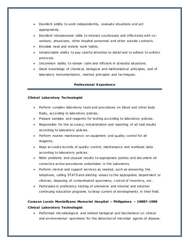 medical technologist resume new