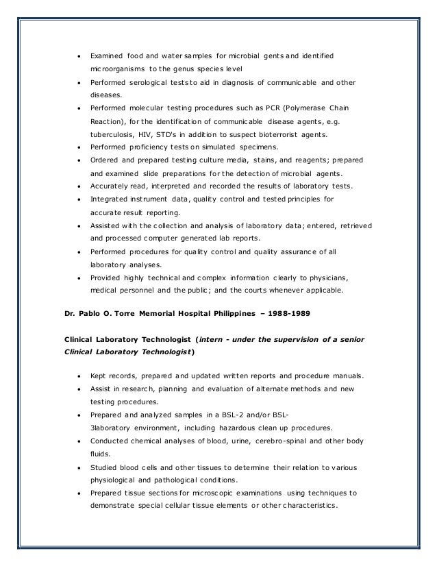 resume for medical technologist