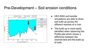 Pre-Development – Soil erosion conditions
● HEC-RAS soil transfer
simulations are able to show
soil build up across the
different reaches of a river
● The build up is most easily
identified when observing the
Profile plot which shows a
difference between the
channel bed and the build up
of soils
 