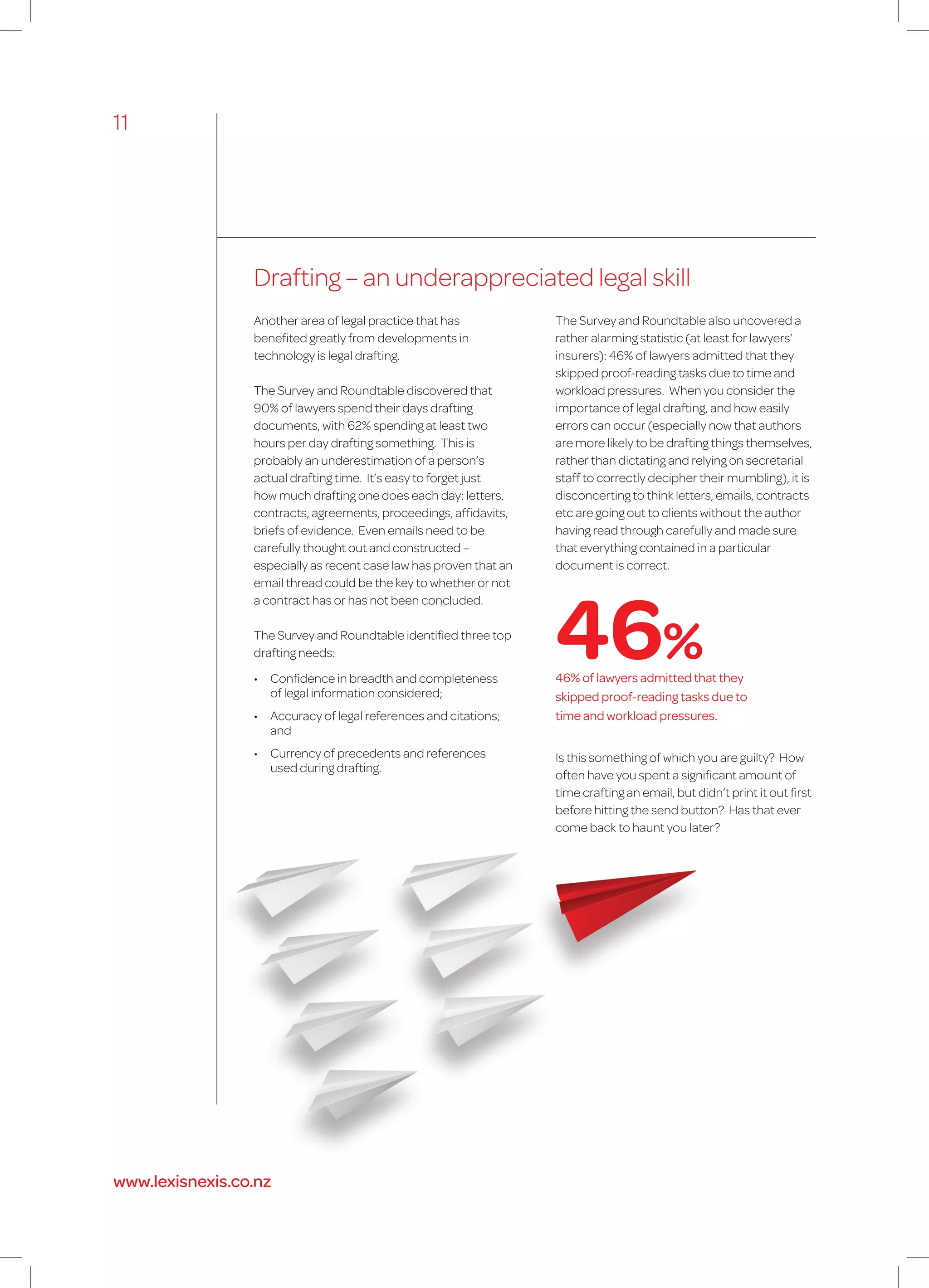 46% of lawyers admitted that they
skipped proof-reading tasks due to
time and workload pressures.
Drafting – an underappreciated legal skill
Another area of legal practice that has
benefited greatly from developments in
technology is legal drafting.
The Survey and Roundtable discovered that
90% of lawyers spend their days drafting
documents, with 62% spending at least two
hours per day drafting something. This is
probably an underestimation of a person’s
actual drafting time. It’s easy to forget just
how much drafting one does each day: letters,
contracts, agreements, proceedings, affidavits,
briefs of evidence. Even emails need to be
carefully thought out and constructed –
especially as recent case law has proven that an
email thread could be the key to whether or not
a contract has or has not been concluded.
The Survey and Roundtable identified three top
drafting needs:
•	 Confidence in breadth and completeness
of legal information considered;
•	 Accuracy of legal references and citations;
and
•	 Currency of precedents and references
used during drafting.
The Survey and Roundtable also uncovered a
rather alarming statistic (at least for lawyers’
insurers): 46% of lawyers admitted that they
skipped proof-reading tasks due to time and
workload pressures. When you consider the
importance of legal drafting, and how easily
errors can occur (especially now that authors
are more likely to be drafting things themselves,
rather than dictating and relying on secretarial
staff to correctly decipher their mumbling), it is
disconcerting to think letters, emails, contracts
etc are going out to clients without the author
having read through carefully and made sure
that everything contained in a particular
document is correct.
Is this something of which you are guilty? How
often have you spent a significant amount of
time crafting an email, but didn’t print it out first
before hitting the send button? Has that ever
come back to haunt you later?
46%
11
www.lexisnexis.co.nz
 