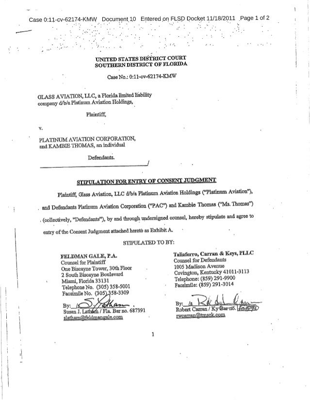 Stipulation For Entry of Consent Judgment Filed DE 10