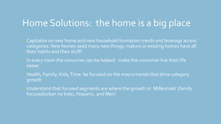 Home Solutions: the home is a big place
• Capitalize on new home and new household formation trends and leverage across
categories. New homes need many new things; mature or existing homes have all
their habits and their stuff!
• In every room the consumer can be helped: make the consumer live their life
easier.
• Health, Family, Kids,Time: be focused on the macro trends that drive category
growth
• Understand that focused segments are where the growth is! Millennials' (family
focused/urban no kids), Hispanic, and Men!
 
