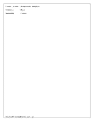 Current Location : Marathahalli, Bangalore
Relocation : Open
Nationality : Indian
Resume: GV Samba Siva Rao 3|P a g e
 