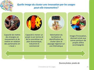 Quelle image du cluster une innovation par les usages
peut-elle transmettre?
L’innovation par les usages 25
Capacité de mettre
des énergies en
mouvement et de
mettre en relation
des partenaires en
« local »
Capacité à mener un
projet à son terme et
de le concrétiser au
plan économique,
industriel et
commercial
Valorisation du
territoire et
identification du
cluster dans le
paysage régional sur
une thématique
Image d’Innovation,
donnant envie aux
autres porteurs de
projets d’être
accompagnés
Source photos: pixelio.de
 