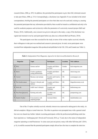 22
research (Oates, 2006, p. 207). In addition, this permitted the participants to give their full, informed consent
to take part (Oates, 2006, p. 213). Correspondingly, a disclaimer (see Appendix 5) was included in the initial
correspondence, briefing the potential participants as to how their data was to be used and, in doing so, assuring
the potential participant that any information provided by them would be treated as confidential and only to be
used for academic purposes and exclusively within the parameters of a university research project (Bell and
Waters, 2014). Additionally, once consent was given to take part in the study, a copy of the disclaimer was
signed and returned to me by each participant before any data was collected (Bell and Waters, 2014).
The participants were then recruited for the study in terms of the written replies received, whereby
their willingness to take part was outlined and consent to proceed given. In total, seven participants were
recruited from independent magazine titles produced and published in the UK, USA and Canada (see Table 1).
Table 1: Independent Print Magazines Agreed to be Interviewed/Included in Research
Magazine Topic Participant Location Web Address
1 Holo Science and art Founder and Editor-
in-Chief
Canada holo-magazine.com
2 Intern Creative graduates/
young professionals
Founder and Editor-
in-Chief
UK intern-mag.com
3 Courier Business and startups Founder and Creative
Director
UK courierpaper.com
4 The Gentlewoman Women’s lifestyle and
fashion
Founder and Editor-
in-Chief
UK thegentlewoman.co.uk
5 Hello Mr. LGBT men’s lifestyle Founder and
Publisher
US hellomrmag.com
6 Pom Pom Quarterly Knitting and crafts Co-editor and
Director
UK pompommag.com
7 Dumbo Feather Conversations with
inspiring people
Assistant Editor US dumbofeather.com
Out of the 13 replies initially received, whereby interest was expressed in taking part in the study, six
did not complete a Skype or email interview. The titles in question were prompted once with a general email
but were not chased any further. Indeed, recruiting participants within the professional publishing realm has
been reported as a ‘challenging task’ (Sivek and Townsend, 2014, p. 7) and, due to the nature of independent
magazine operating as small businesses ‘in some cases just one person, many with other full-time jobs’ (2014,
p. 8), it could be assumed that the potential participants simply did not have the time to complete the interview
 