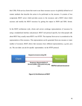45
their URIs. Web service clients that want to use these resources access via globally defined set of
remote methods that describe the action to be performed on the resource. It consists of two
components REST server which provides access to the resources and a REST client which
accesses and modify the REST resources by getting the output in JSON and XML format.
In the REST architecture style, clients and servers exchange representations of resources by
using a standardized interface and protocol. REST isn't protocol specific, but when people talk
about REST they usually mean REST over HTTP. The response from server is considered as the
representation of the resources. This representation can be generated from one resource or more
number of resources. REST allows that resources have different representations, e.g.xml, json
etc. The rest client can ask for specific representation via the HTTP protocol.
Figure 3.2 Architecture of REST
 