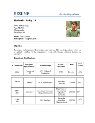 RESUME jshari444@gmail.com
Objective:
To secure a challenging entry level position andto share my skills, knowledge and core values and
to gainfully contribute to the organization I work with, through continuous learning and
experience.
Educational Qualifications:
Examinations
Discipline/
Specialization
School/College
Board/
University
Year
% of
Marks
MBA
Finance and
HR
MVJ College of
Engineering
VTU 2014-16 58%
BCom
Finance GFGC, Srinivasapura
Bangalore
University
2010-14 60%
PUC
(XII)
Commerce
Government boys junior
college, Srinivasapura
Department of
pre-university
education
Karnataka
2008-10 59%
SSLC
(X)
GJC, Rayalpad
Karnataka
Secondary
Education board
2007-08
61%
Harinatha Reddy JS
#337, AKG Colony,
Near MVJCE,
Chennasandra,
Bangalore- 66
Phone: 9902151695
Email:jshari444@gmail.com
 