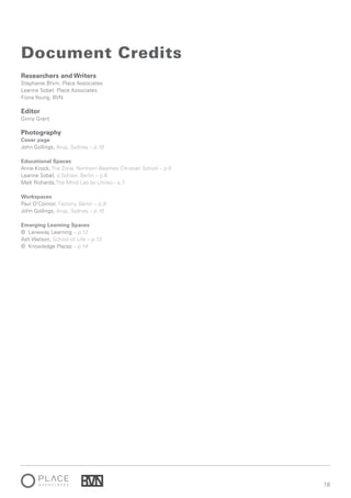 18
Researchers and Writers
Stephanie Bhim, Place Associates
Leanne Sobel, Place Associates
Fiona Young, BVN
Editor
Ginny Grant
Photography
Cover page
John Gollings, Arup, Sydney – p.10
Educational Spaces
Anne Knock, The Zone, Northern Beaches Christian School – p.5
Leanne Sobel, d.School, Berlin – p.6
Matt Richards,The Mind Lab by Unitec– p.7
Workspaces
Paul O’Connor, Factory, Berlin – p.9
John Gollings, Arup, Sydney – p.10
Emerging Learning Spaces
© Laneway Learning – p.12
Ash Watson, School of Life – p.13
© Knowledge Plazas – p.14
Document Credits
 