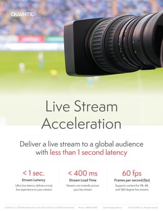 Live Stream
Acceleration
60 fps
Frames per second (fps)
< 400 ms
Stream Load Time
< 1 sec.
Stream Latency
Ultra-low latency delivers a truly
live experience to your viewers
Viewers can instantly access
your live stream
Supports content for VR, AR,
and 360 degree live streams
QUANTIL Inc. | 4701 Patrick Henry Drive, Suite 2101, Santa Clara, CA 95054, United States Phone: +1 888 847 9851 Email: info@quantil.com 2017 QUANTIL Inc. All rights reserved.
Deliver a live stream to a global audience
with less than 1 second latency
 
