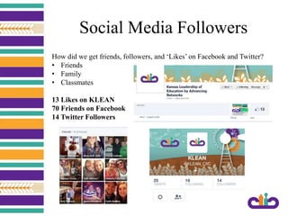 Social Media Followers
How did we get friends, followers, and ‘Likes’ on Facebook and Twitter?
• Friends
• Family
• Classmates
13 Likes on KLEAN
70 Friends on Facebook
14 Twitter Followers
 