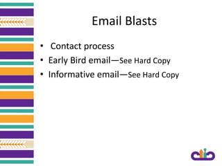 Email Blasts
• Contact process
• Early Bird email—See Hard Copy
• Informative email—See Hard Copy
 
