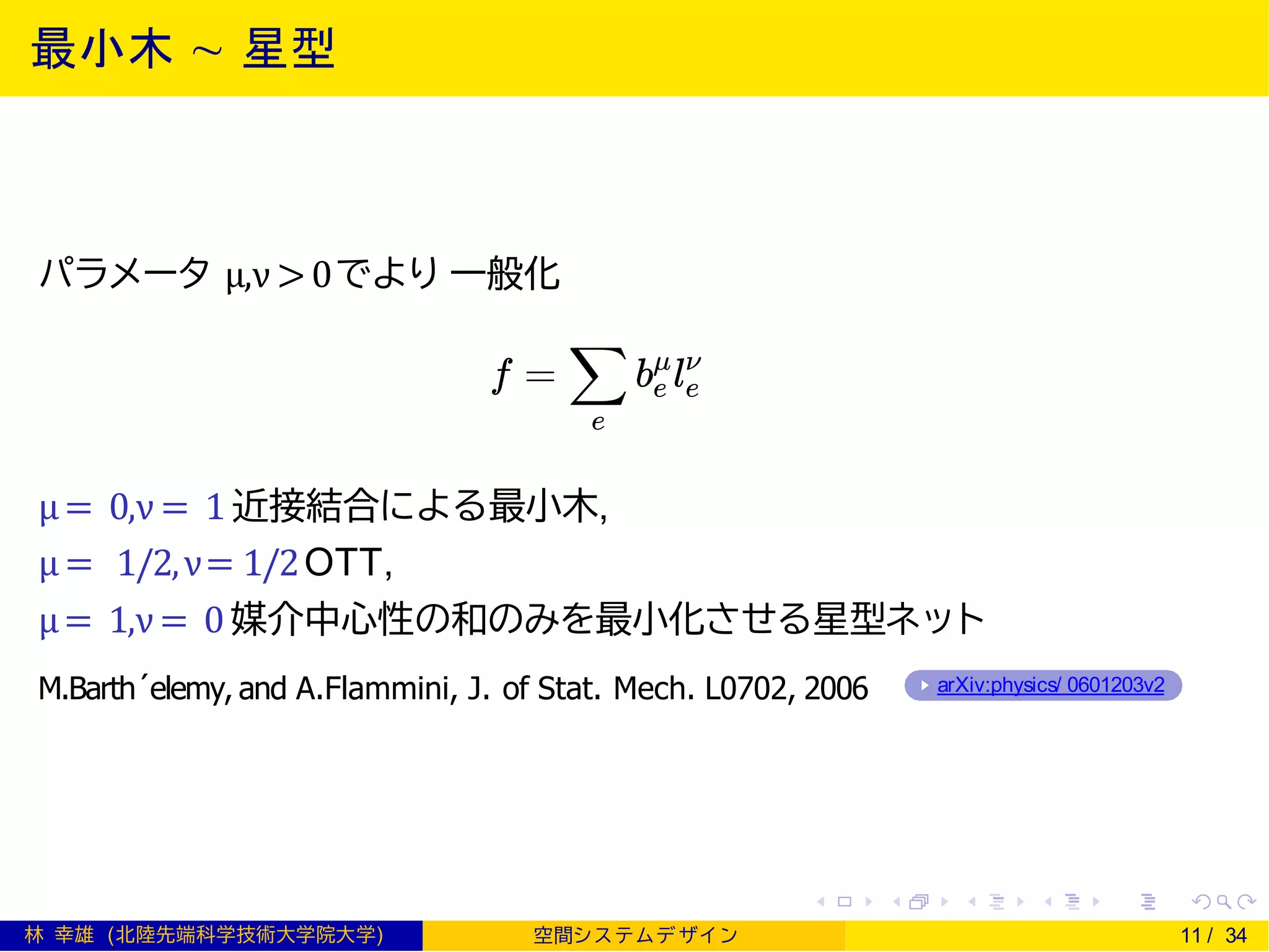 最小木 ∼ 星型
パラメータ µ,ν >0でより 一般化
µ= 0,ν = 1 近接結合による最小木,
µ = 1/2,ν= 1/2OTT,
µ= 1,ν= 0媒介中心性の和のみを最小化させる星型ネット
M.Barth´elemy, and A.Flammini, J. of Stat. Mech. L0702, 2006 arXiv:physics/ 0601203v2
林 幸雄 (北陸先端科学技術大学院大学) 空間シ ス テムデ ザイ ン 11 / 34
 