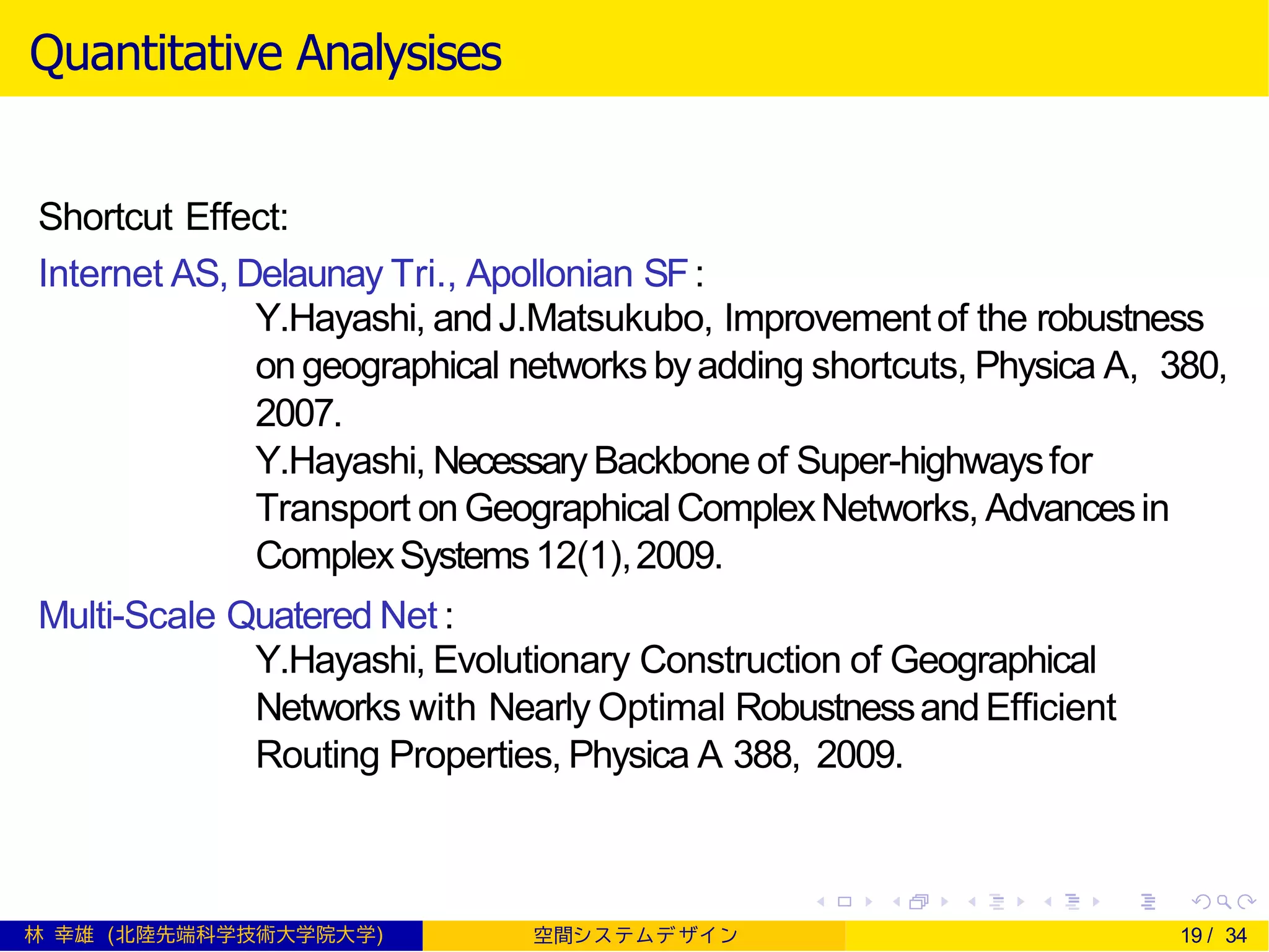 Quantitative Analysises
Shortcut Effect:
Internet AS, Delaunay Tri., Apollonian SF:
Y.Hayashi, andJ.Matsukubo, Improvementof the robustness
on geographical networks byadding shortcuts, Physica A, 380,
2007.
Y.Hayashi, NecessaryBackbone of Super-highwaysfor
Transport onGeographicalComplexNetworks, Advancesin
ComplexSystems12(1),2009.
Multi-Scale Quatered Net :
Y.Hayashi, Evolutionary Construction of Geographical
Networks with Nearly Optimal RobustnessandEfficient
Routing Properties, Physica A 388, 2009.
林 幸雄 (北陸先端科学技術大学院大学) 空間シ ス テムデ ザイ ン 19 / 34
 