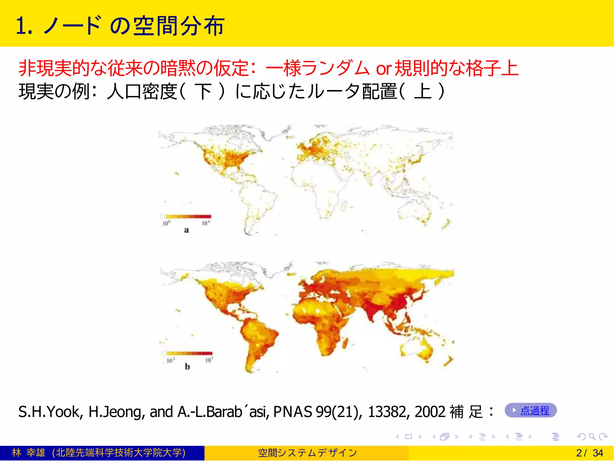 1. ノード の空間分布
非現実的な従来の暗黙の仮定： 一様ランダム or規則的な格子上
現実の例： 人口密度（ 下 ） に応じたルータ配置（ 上 ）
S.H.Yook, H.Jeong, and A.-L.Barab´asi, PNAS 99(21), 13382, 2002 補 足 ： 点過程
林 幸雄 (北陸先端科学技術大学院大学) 空間シ ス テムデ ザイ ン 2 / 34
 