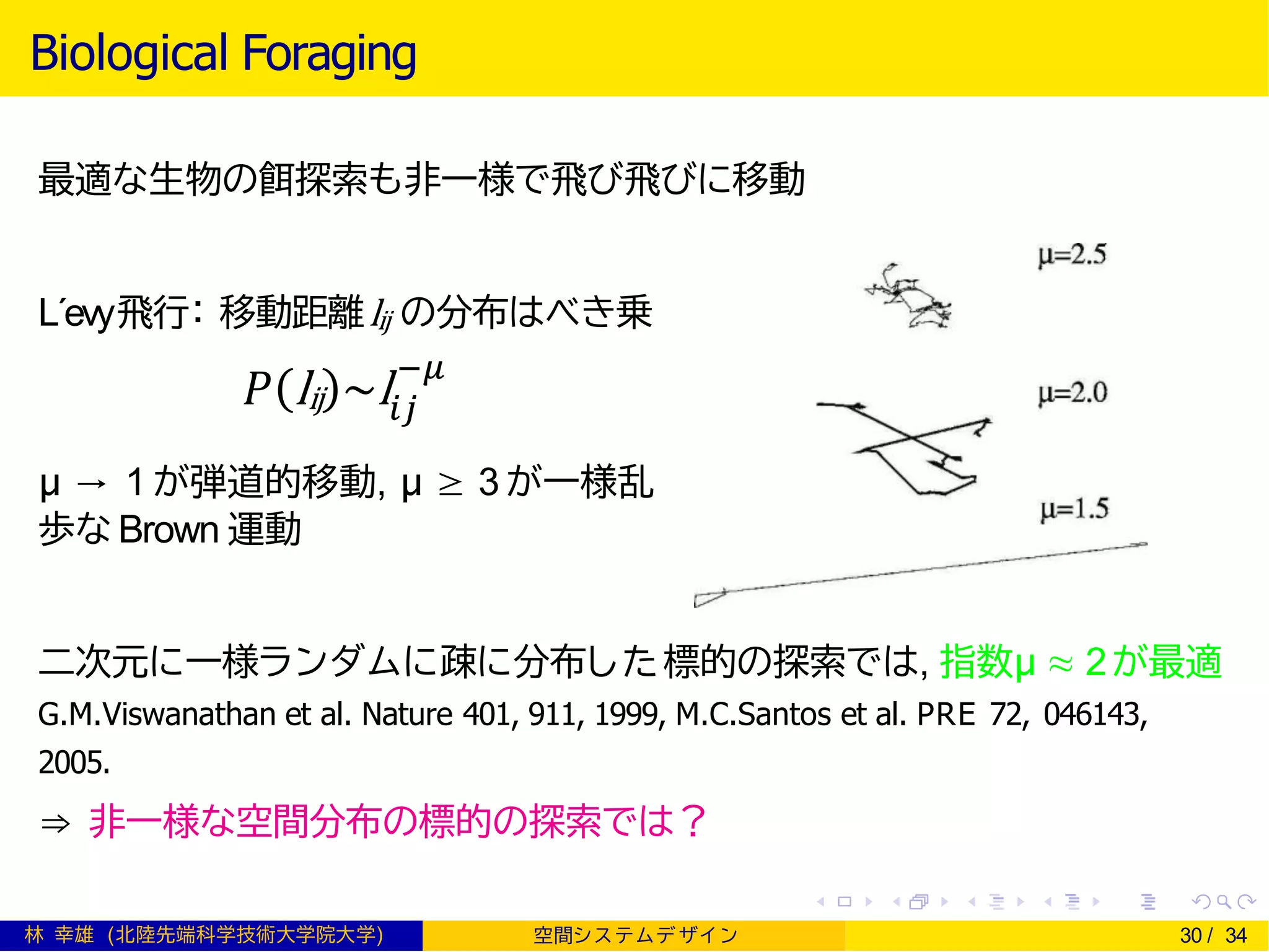 Biological Foraging
最適な生物の餌探索も非一様で飛び飛びに移動
L´evy飛行： 移動距離lij の分布はべき乗
µ → 1 が弾道的移動, µ ≥ 3 が一様乱
歩な Brown 運動
二次元に一様ランダムに疎に分布した標的の探索では, 指数µ ≈ 2が最適
G.M.Viswanathan et al. Nature 401, 911, 1999, M.C.Santos et al. PRE 72, 046143,
2005.
⇒ 非一様な空間分布の標的の探索では？
林 幸雄 (北陸先端科学技術大学院大学) 空間シ ス テムデ ザイ ン 30 / 34
𝑃 lij ~l𝑖𝑗
−𝜇
 