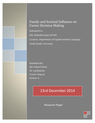 Family and Societal Influence on
Career Decision Making
Submitted to:
Md. Shahidul Islam (SUM)
Lecturer, Department of English modern Language
North South University.
Submitted By:
Md. Najmul Huda
Id: 1130849030
Course: Eng105
Section: 8
23rd December 2014
Research Paper
 