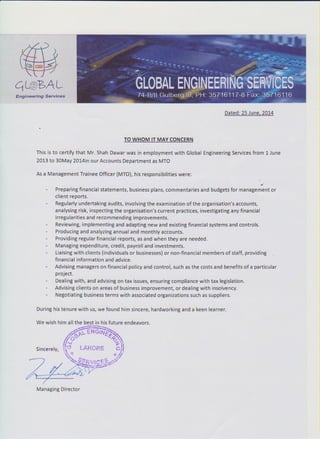 Global Engineering Services Experience Letter