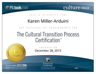 The Cultural Transition Process
™
A W A R D E D O N
CERTIFICATE NUMBER:
SIGNED
T H I S I S T O C E R T I F Y T H A T
H A S F U L F I L L E D T H E R E Q U I R E M E N T S F O R
cultureTRACK
™
Karen Miller-Arduini
December 28, 2015
23206
 