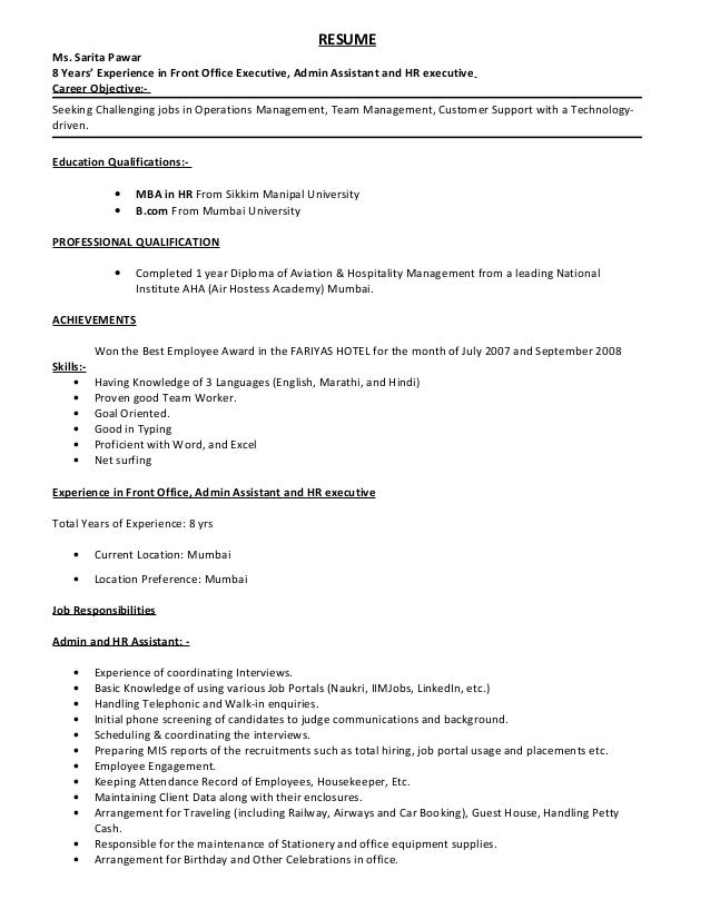 front office executive resume